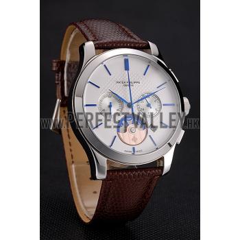 Patek Philippe Chronograph White Dial Blue Hands Stainless Steel Case Brown Leather Strap