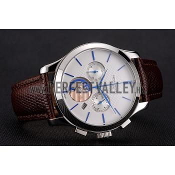 Patek Philippe Chronograph White Dial Blue Hands Stainless Steel Case Brown Leather Strap