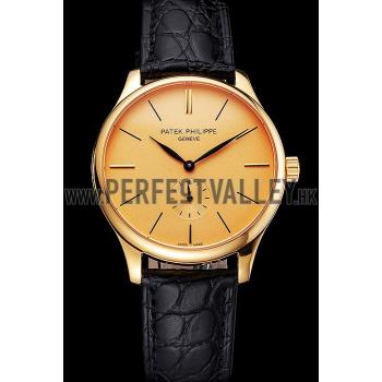 Patek Philippe Calatrava Gold Dial Gold Case Black Leather Strap