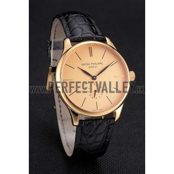 Patek Philippe Calatrava Gold Dial Gold Case Black Leather Strap