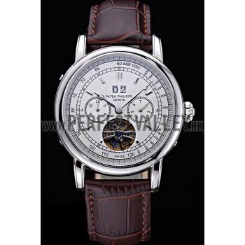 Patek Philippe Geneve Grand Complications White Dial Tourbillon Stainless Steel Bezel Brown Band  622154