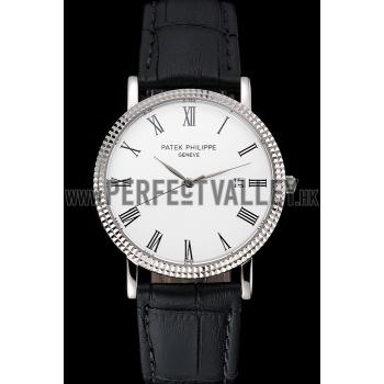 Patek Philippe Calatrava White Dial Roman Numerals Ribbed Bezel Stainless Steel Case Black Leather Strap