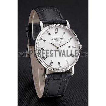 Patek Philippe Calatrava White Dial Roman Numerals Ribbed Bezel Stainless Steel Case Black Leather Strap