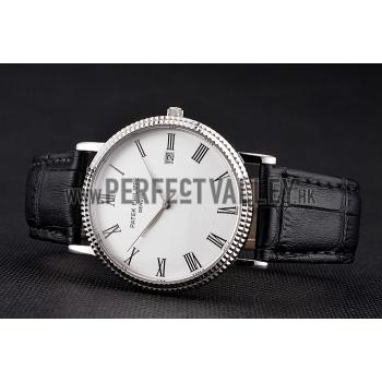 Patek Philippe Calatrava White Dial Roman Numerals Ribbed Bezel Stainless Steel Case Black Leather Strap