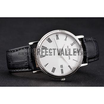 Patek Philippe Calatrava White Dial Roman Numerals Ribbed Bezel Stainless Steel Case Black Leather Strap