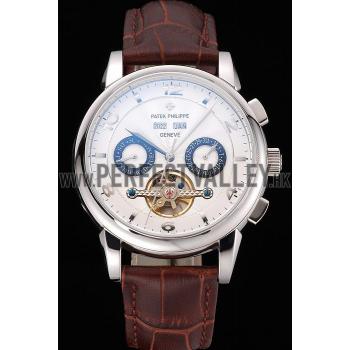 Patek Philippe Perpetual Calendar Tourbillon White Dial Stainless Steel Case Brown Leather Strap