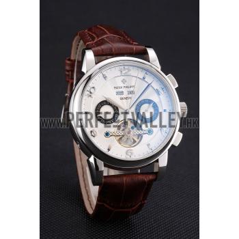 Patek Philippe Perpetual Calendar Tourbillon White Dial Stainless Steel Case Brown Leather Strap