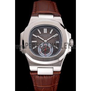 Patek Philippe Nautilus Gray Dial Stainless Steel Case Brown Leather Strap