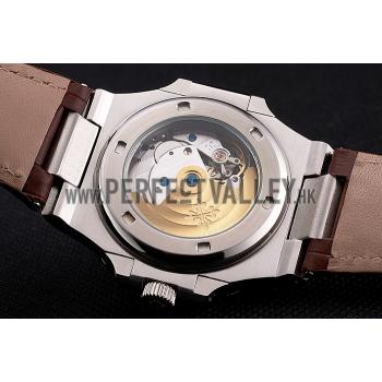 Patek Philippe Nautilus Gray Dial Stainless Steel Case Brown Leather Strap