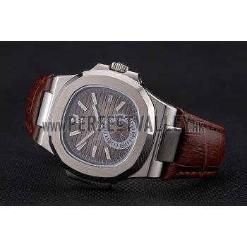 Patek Philippe Nautilus Gray Dial Stainless Steel Case Brown Leather Strap