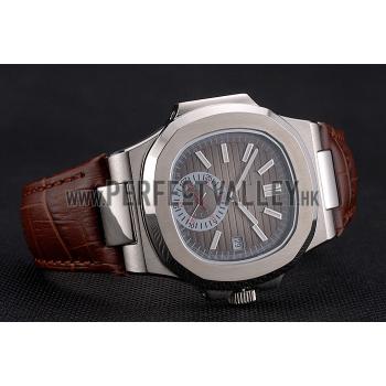 Patek Philippe Nautilus Gray Dial Stainless Steel Case Brown Leather Strap