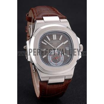 Patek Philippe Nautilus Gray Dial Stainless Steel Case Brown Leather Strap