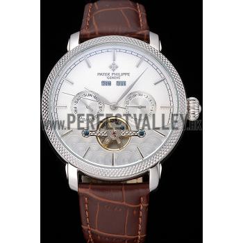 Replica Patek Philippe Day Date Tourbillon White Dial Stainless Steel Case Embossed Bezel Brown Leather Strap  622837