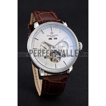 Replica Patek Philippe Day Date Tourbillon White Dial Stainless Steel Case Embossed Bezel Brown Leather Strap  622837