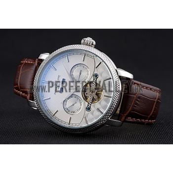 Replica Patek Philippe Day Date Tourbillon White Dial Stainless Steel Case Embossed Bezel Brown Leather Strap  622837