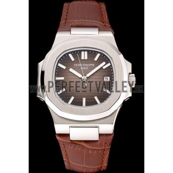 Patek Philippe Nautilus Brown Dial Brushed Stainless Steel Case Brown Leather Strap