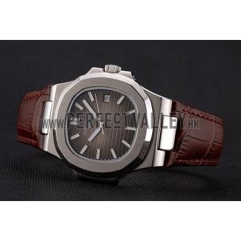 Patek Philippe Nautilus Brown Dial Brushed Stainless Steel Case Brown Leather Strap