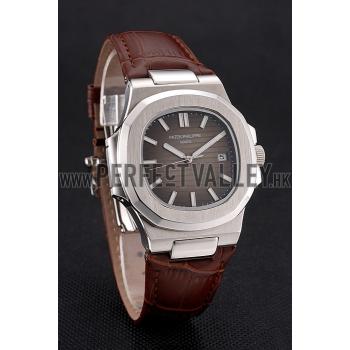 Patek Philippe Nautilus Brown Dial Brushed Stainless Steel Case Brown Leather Strap