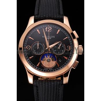 Cheap Patek Philippe Chronograph Black Guilloche Dial Rose Gold Case Black Leather Strap