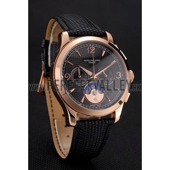 Cheap Patek Philippe Chronograph Black Guilloche Dial Rose Gold Case Black Leather Strap