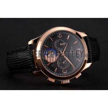 Cheap Patek Philippe Chronograph Black Guilloche Dial Rose Gold Case Black Leather Strap