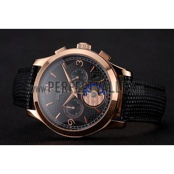 Cheap Patek Philippe Chronograph Black Guilloche Dial Rose Gold Case Black Leather Strap