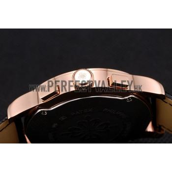 Cheap Patek Philippe Chronograph Black Guilloche Dial Rose Gold Case Black Leather Strap