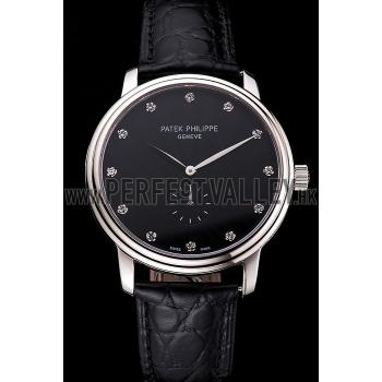 Patek Philippe Calatrava Black Dial Stainless Steel Case Black Leather Strap Replica