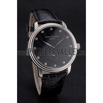 Patek Philippe Calatrava Black Dial Stainless Steel Case Black Leather Strap Replica