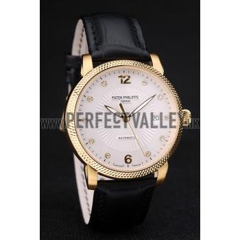 Patek Philippe Swiss Calatrava Ribbed Bezel White Dial Black Leather Strap 7642