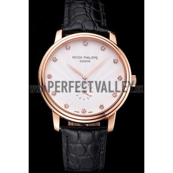 Patek Philippe Calatrava White Guilloche Dial Rose Gold Case Black Leather Strap