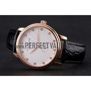 Patek Philippe Calatrava White Guilloche Dial Rose Gold Case Black Leather Strap