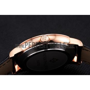 Patek Philippe Calatrava White Guilloche Dial Rose Gold Case Black Leather Strap