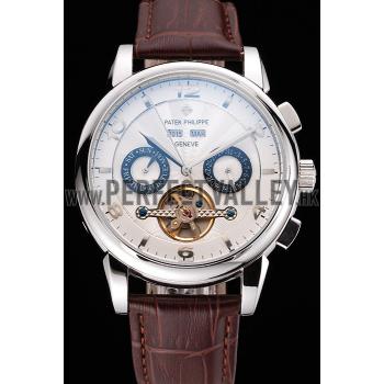 Replica Patek Philippe  Tourbillon Power Reserve Black And White Dial Stainless Steel Case Brown Leather Strap