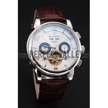 Replica Patek Philippe  Tourbillon Power Reserve Black And White Dial Stainless Steel Case Brown Leather Strap