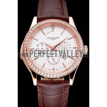 Replica Swiss Patek Philippe Grand Complications Perpetual Calendar White Dial Rose Gold Case Diamond Bezel Brown Leather Strap