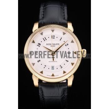 Patek Philippe Swiss Calatrava Ribbed Bezel White Dial Black Leather Strap 7639