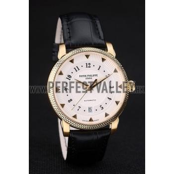 Patek Philippe Swiss Calatrava Ribbed Bezel White Dial Black Leather Strap 7639