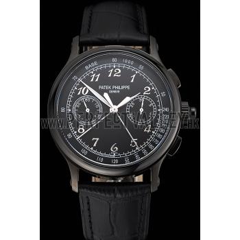 Swiss Patek Philippe Split Seconds Chronograph Black Dial Black Case Black Leather Strap