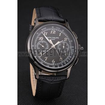 Swiss Patek Philippe Split Seconds Chronograph Black Dial Black Case Black Leather Strap