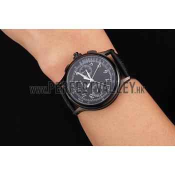 Swiss Patek Philippe Split Seconds Chronograph Black Dial Black Case Black Leather Strap