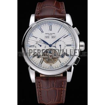 Patek Philippe Grand Complications Stainless Steel Case White Dial Roman Numerals Brown Leather Strap 622254