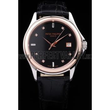 Patek Philippe Geneve Calatrava Crystal Studded Hour Marker Black Dial Black Leather Strap 98169