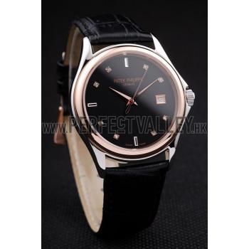 Patek Philippe Geneve Calatrava Crystal Studded Hour Marker Black Dial Black Leather Strap 98169