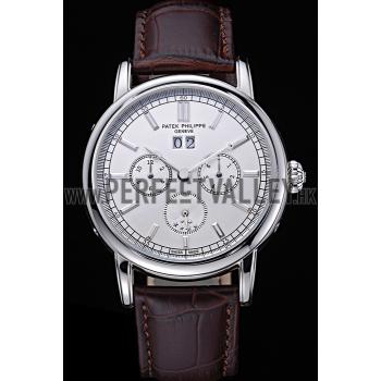 Patek Philippe Geneve Grand Complications White Dial Stainless Steel Bezel Brown Leather Band  622151 Replica