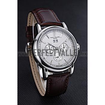 Patek Philippe Geneve Grand Complications White Dial Stainless Steel Bezel Brown Leather Band  622151 Replica