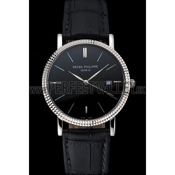 Cheap Patek Philippe Calatrava Black Dial Ribbed Bezel Stainless Steel Case Black Leather Strap