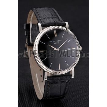 Cheap Patek Philippe Calatrava Black Dial Ribbed Bezel Stainless Steel Case Black Leather Strap