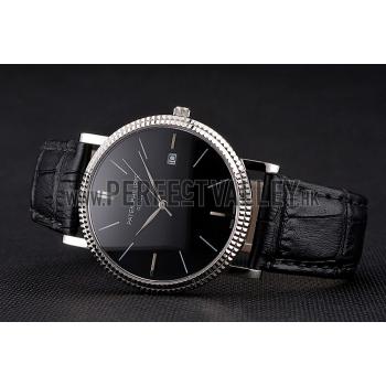 Cheap Patek Philippe Calatrava Black Dial Ribbed Bezel Stainless Steel Case Black Leather Strap