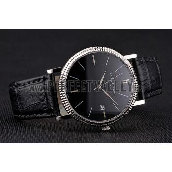 Cheap Patek Philippe Calatrava Black Dial Ribbed Bezel Stainless Steel Case Black Leather Strap